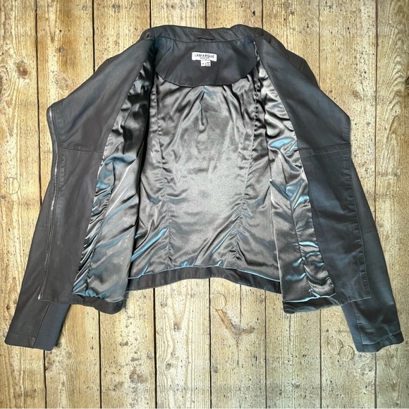 LAMARQUE Gray Soft Leather Moto Jacket Asymmetric Zip Funnel Neck Size M - Picture 4 of 9
